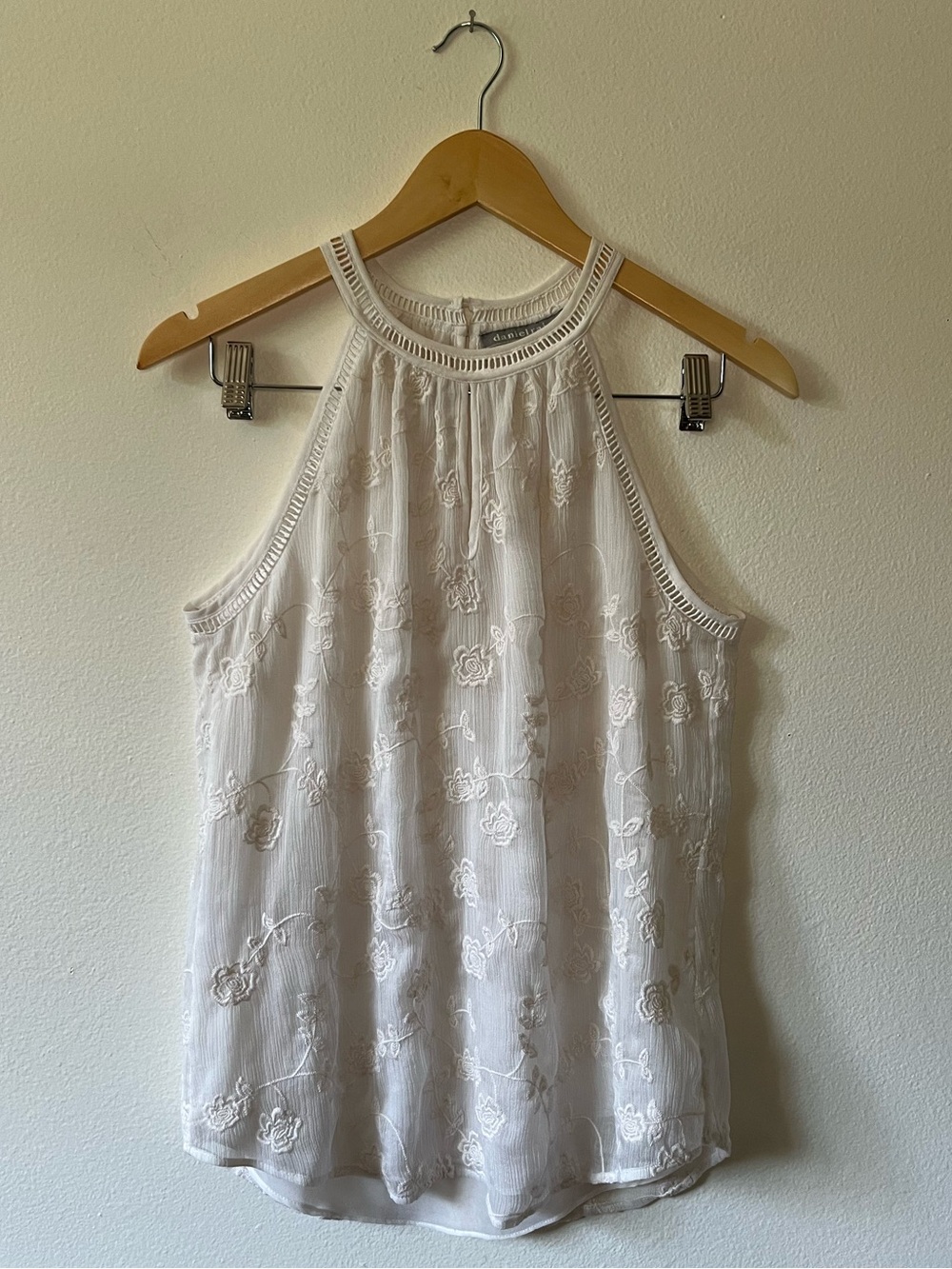 sheer white coquette swing top with halterneck & floral embroidery